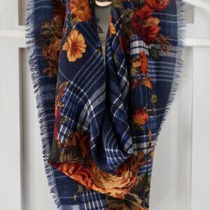 1990s Ralph Lauren Plaid & Floral Roses Scarf 34” Square, Made in Japan